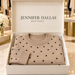 Ava polka-dot knit sweater presented in a Jennifer Dallas Boutique gift box