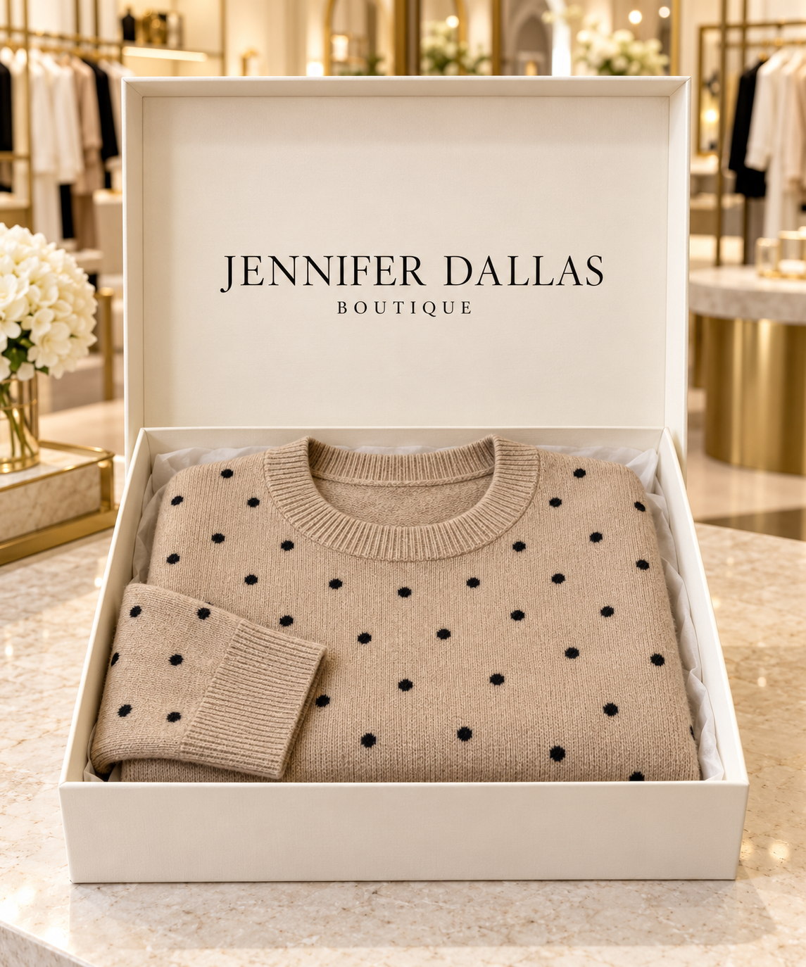 Ava polka-dot knit sweater presented in a Jennifer Dallas Boutique gift box