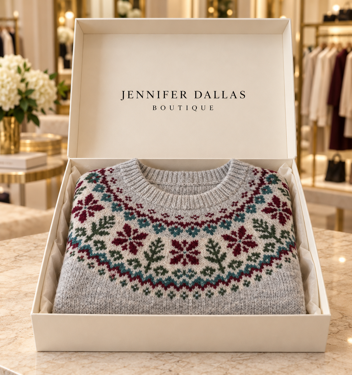 SILVIA retro sweater presented in a Jennifer Dallas Boutique gift box
