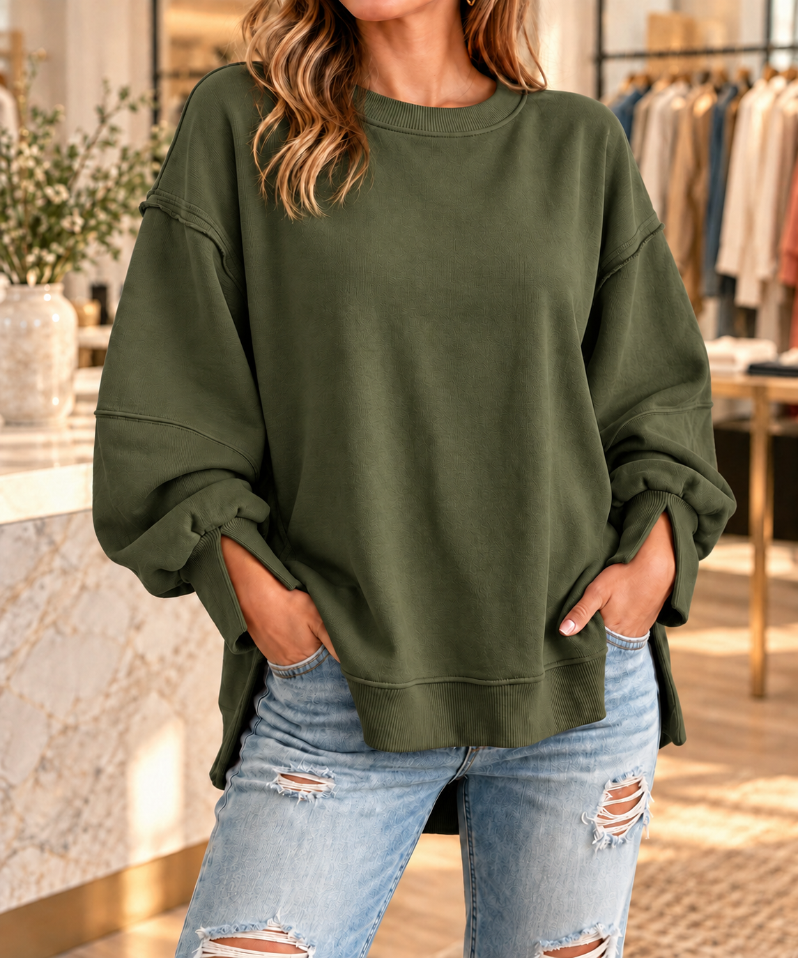 Olive green oversized exposed-seam sweatshirt with split cuffs