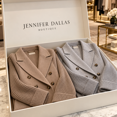 Helen knit blazer coat presented in Jennifer Dallas Boutique packaging