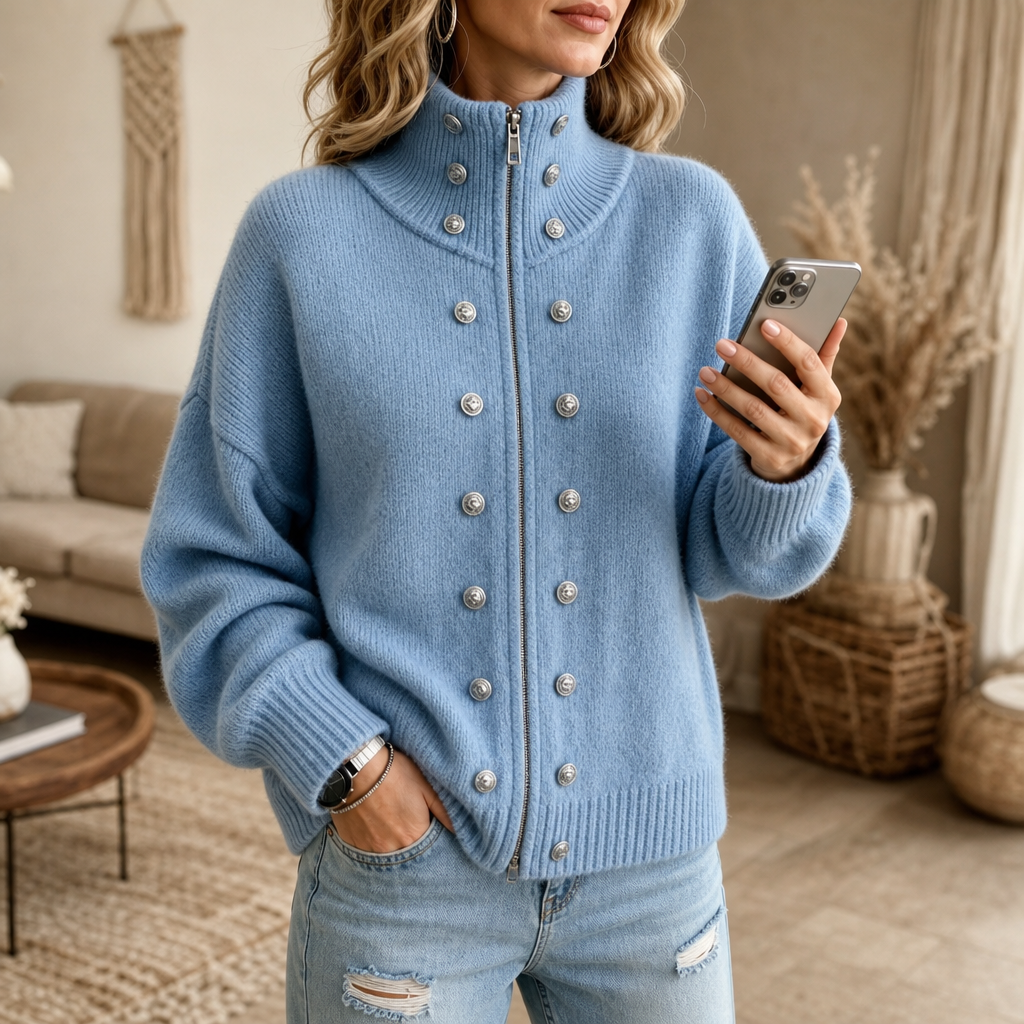 Mayfield – High-Collar Zip-Front Chunky Knit Cardigan Jacket