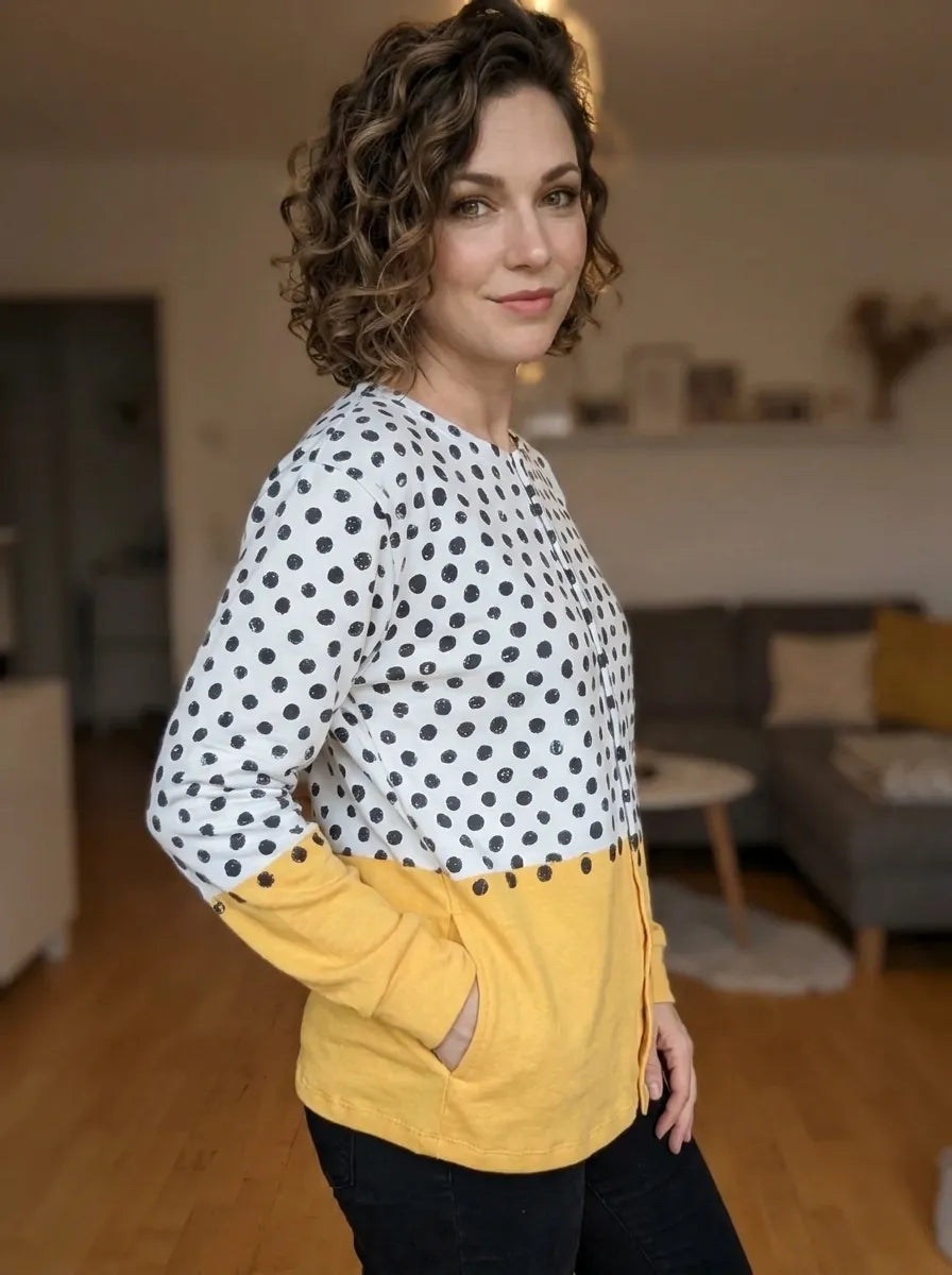 Yellow Geometric Polka Dot Print | Buttoned Cardigan Sweater