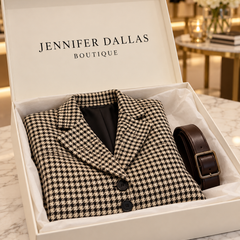Black and cream houndstooth blazer in Jennifer Dallas Boutique packaging
