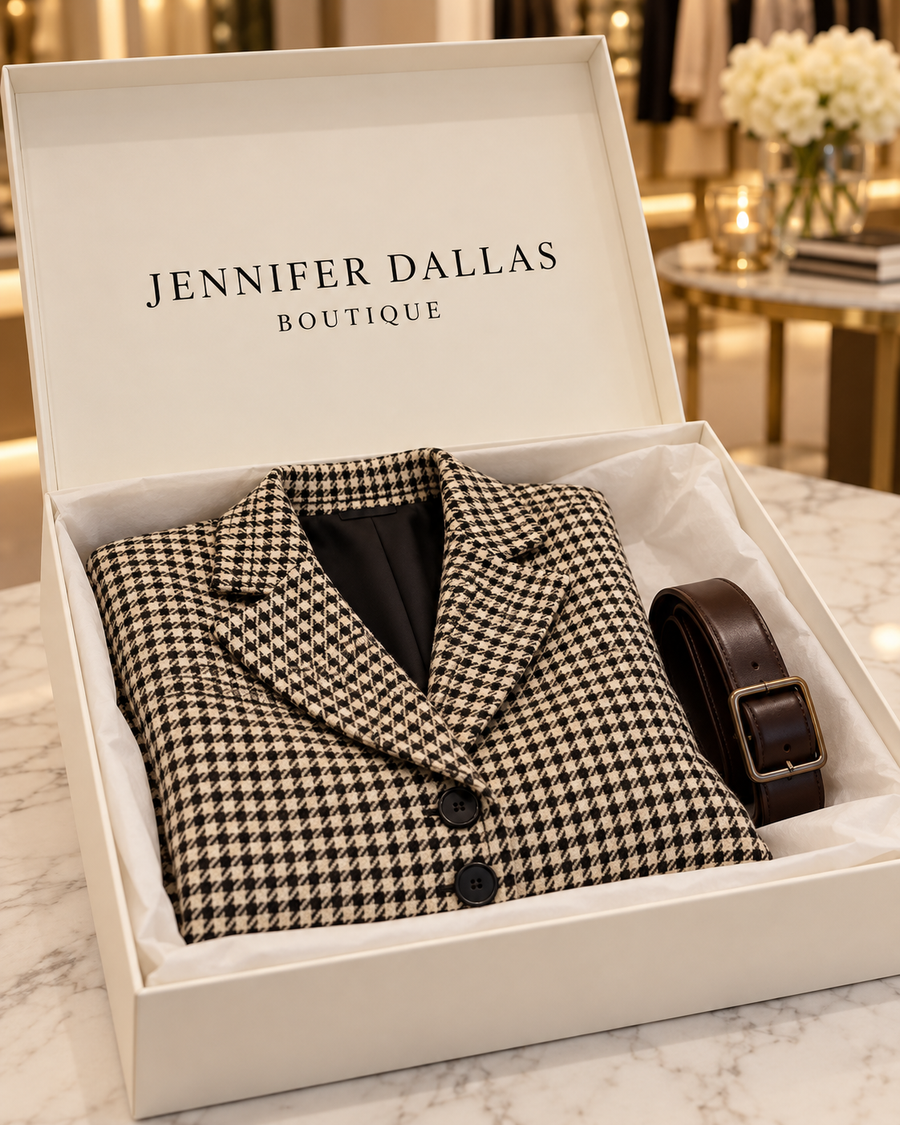Black and cream houndstooth blazer in Jennifer Dallas Boutique packaging