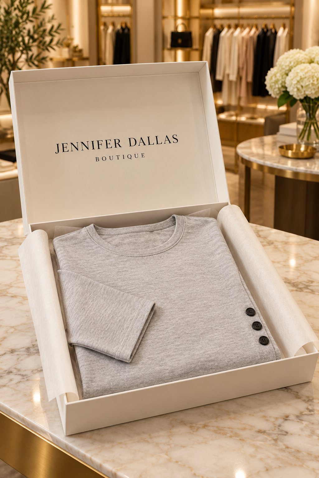 Kelly long-sleeved top presented in a Jennifer Dallas Boutique gift box