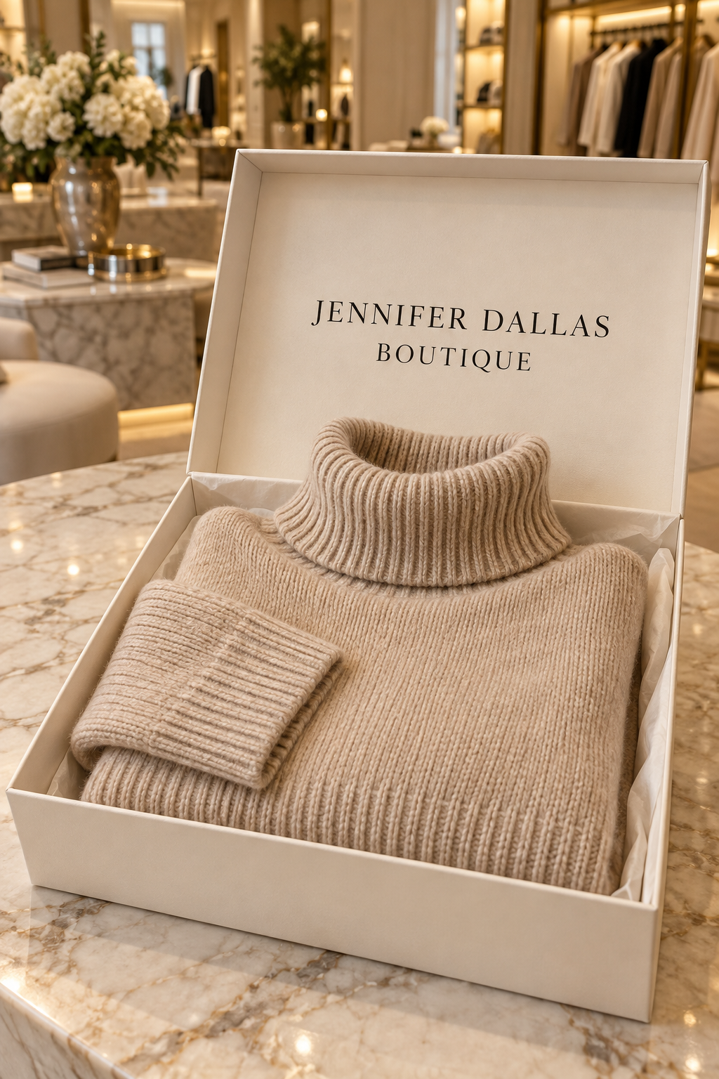 Leonie Turtleneck Sweater presented in a Jennifer Dallas Boutique gift box