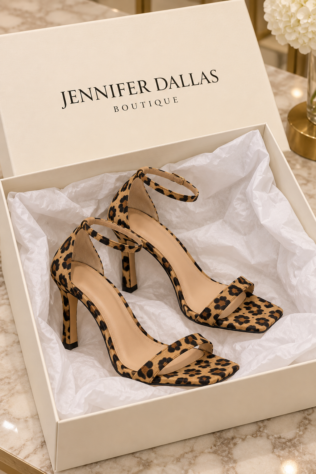 Leopard Print Heels in a Jennifer Dallas Boutique shoe box