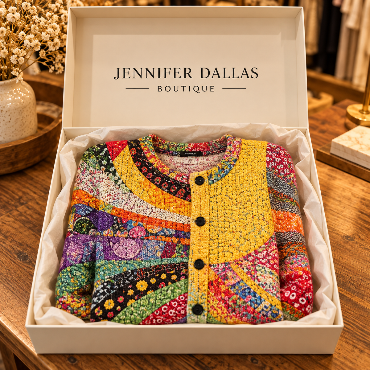 Liesl cardigan carefully packed in a Jennifer Dallas Boutique gift box