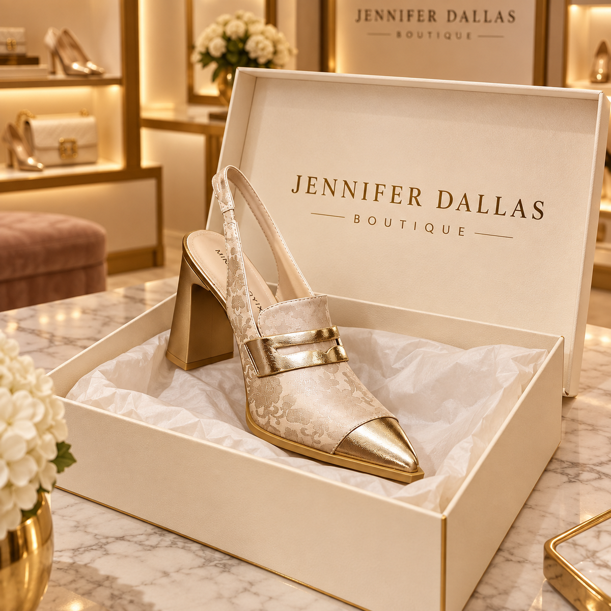 Marigold Champagne floral slingback block heel in Jennifer Dallas Boutique packaging