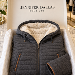 Milana charcoal quilted jacket in Jennifer Dallas Boutique branded packaging
