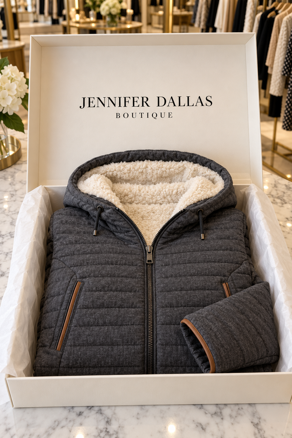 Milana charcoal quilted jacket in Jennifer Dallas Boutique branded packaging