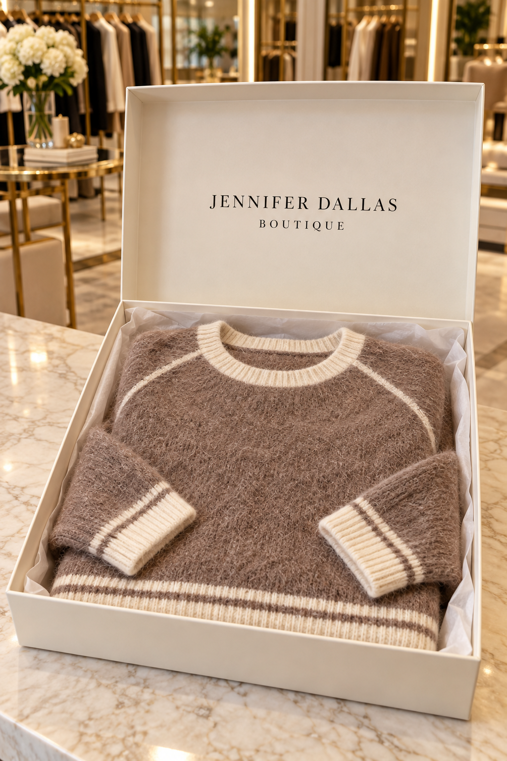 Natalie comfortable sweater presented in a Jennifer Dallas Boutique gift box