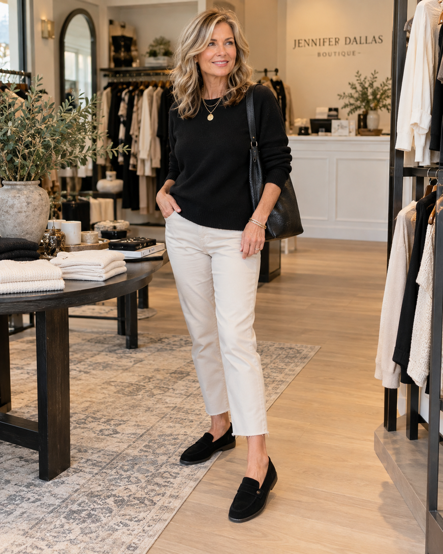 Woman wearing Noira black suede loafers inside Jennifer Dallas Boutique