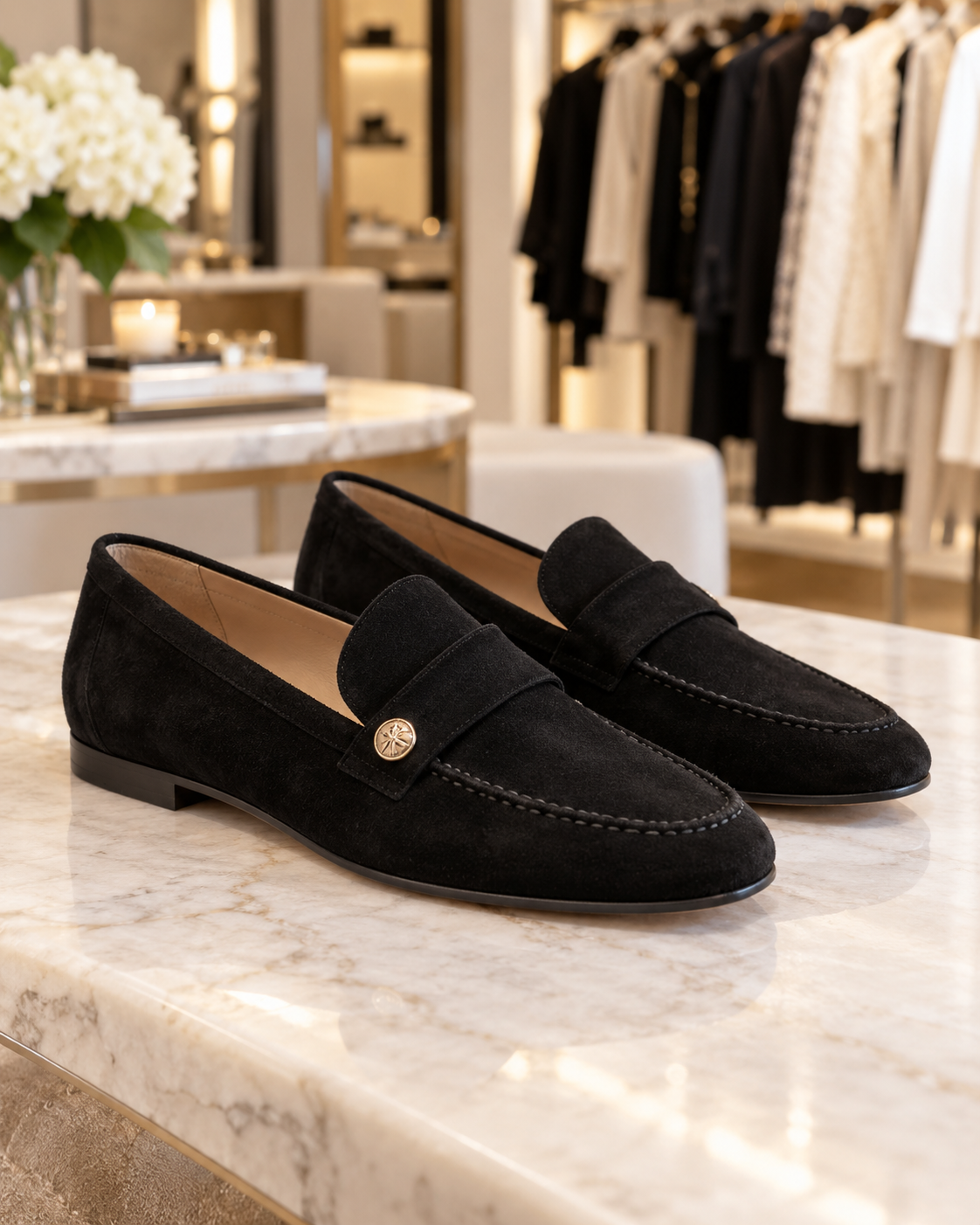 Noira black suede loafers displayed in the Jennifer Dallas Boutique shoe section