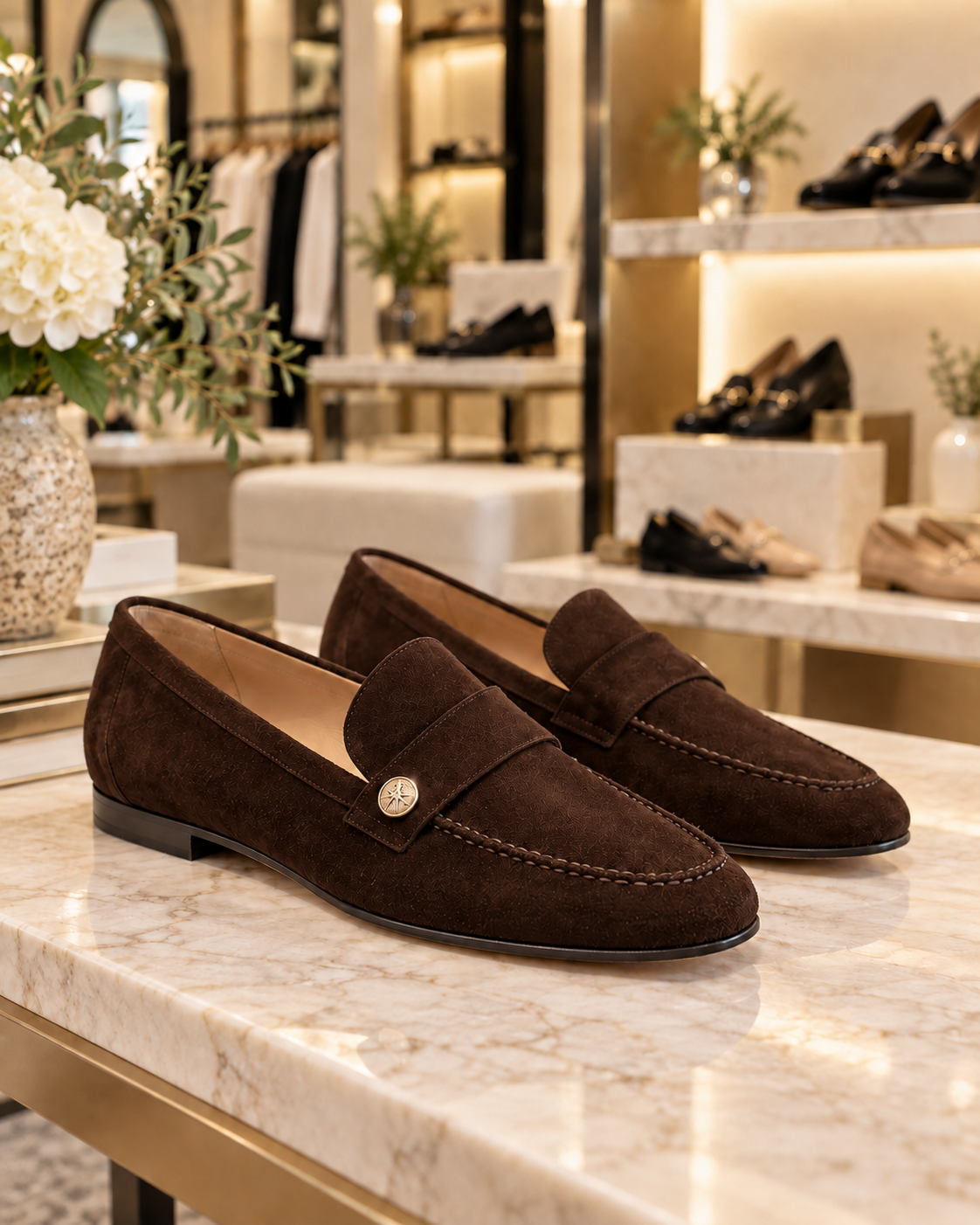 Noira Dark Brown suede loafers displayed in the Jennifer Dallas Boutique shoe section