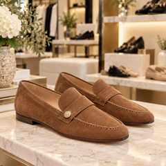Noira Light Brown suede loafers displayed in the Jennifer Dallas Boutique shoe section