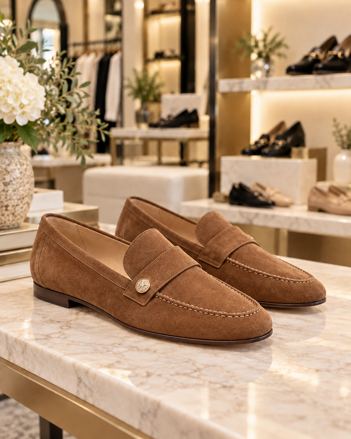 Noira Light Brown suede loafers displayed in the Jennifer Dallas Boutique shoe section