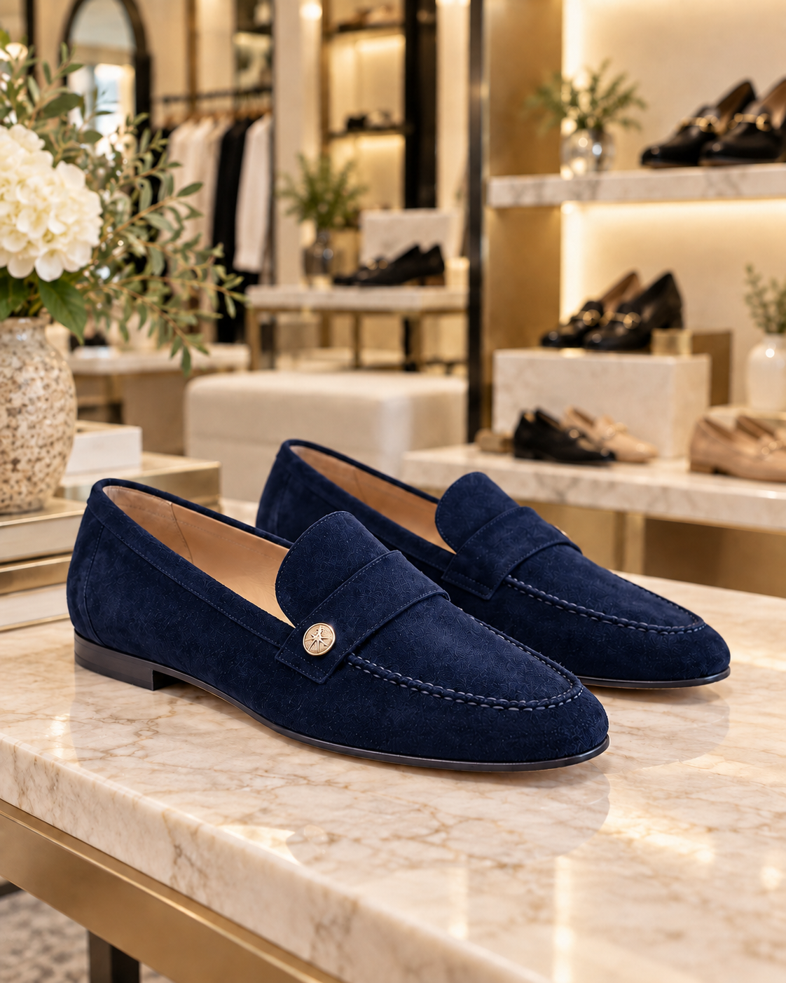 Noira Navy Blue suede loafers displayed in the Jennifer Dallas Boutique shoe section