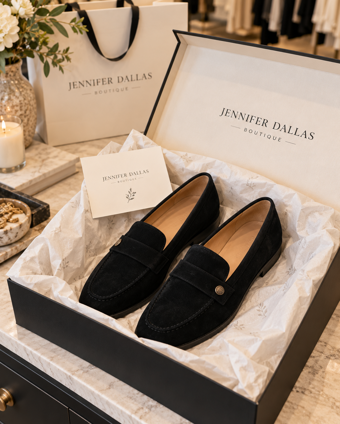 Noira black suede loafers in Jennifer Dallas Boutique packaging