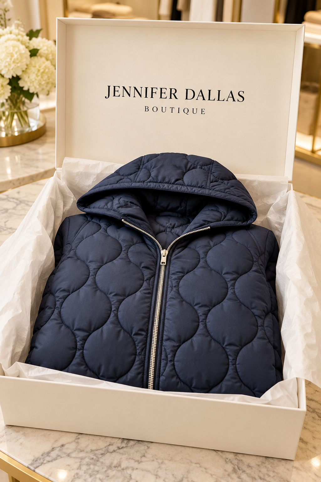 Women's padded parka in a Jennifer Dallas Boutique gift box