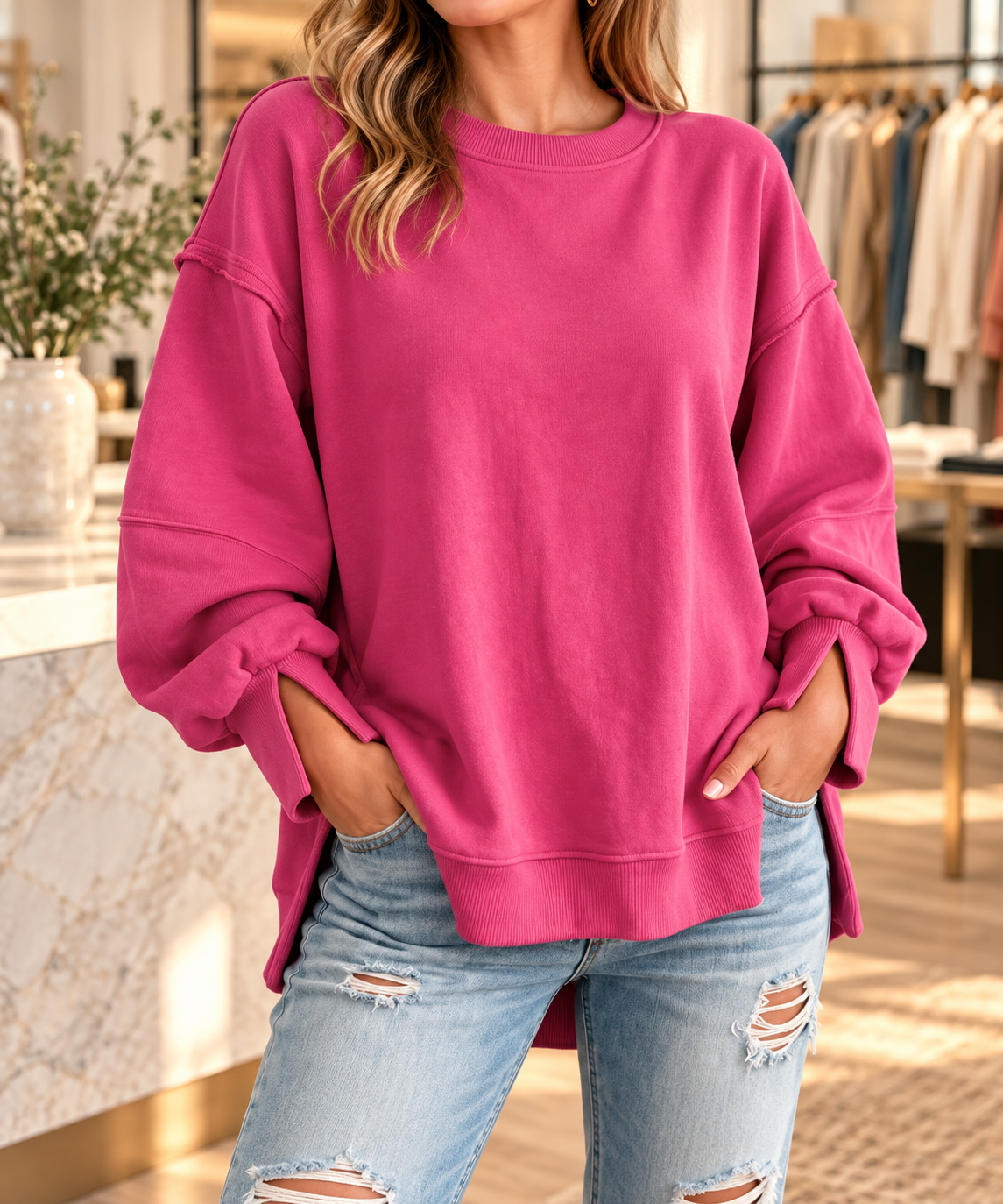 Rose-red oversized exposed-seam sweatshirt with split cuffs