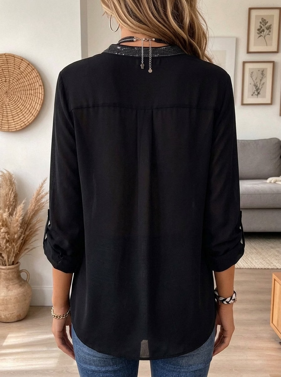 Camille | Sequin Pocket Button-Front Blouse