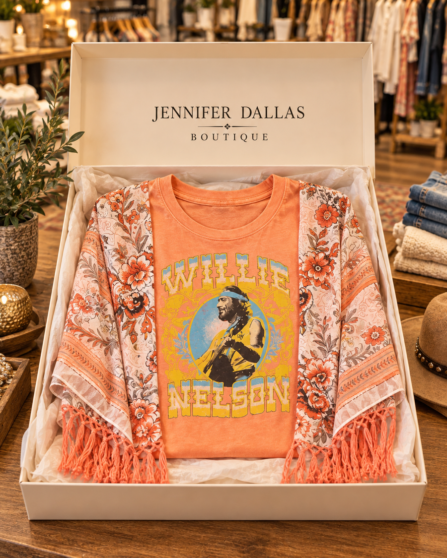 Sienna vintage western graphic kimono top in Jennifer Dallas Boutique signature packaging