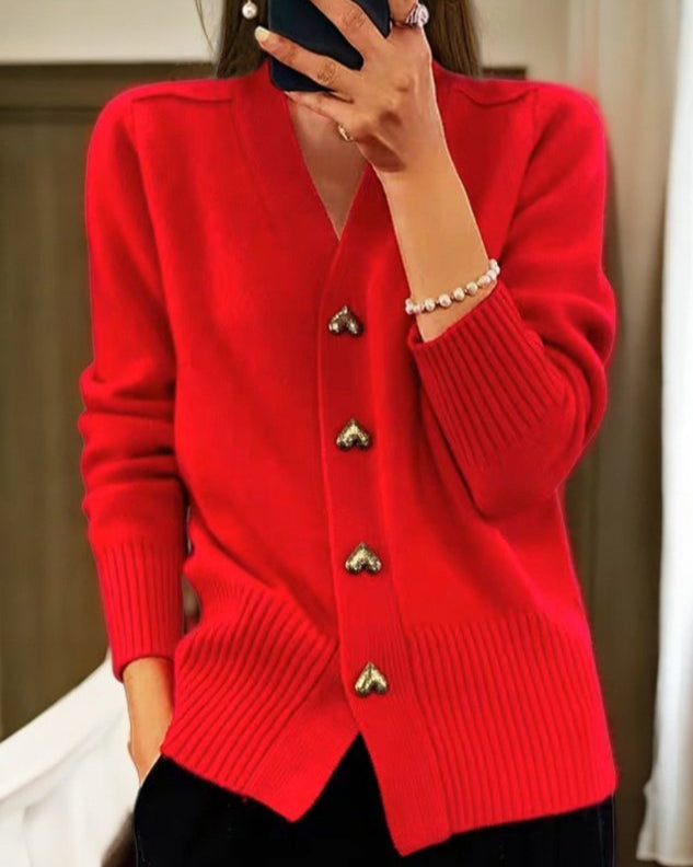 Adele™ - Elegant Heart-Button Cardigan