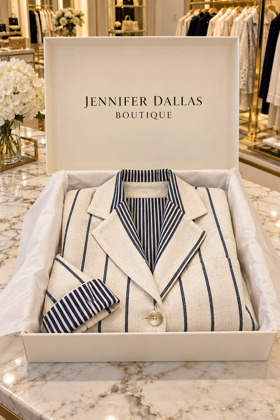 Striped blazer presented in a Jennifer Dallas Boutique signature box