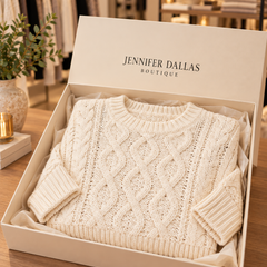 Valentina cream cable-knit sweater in Jennifer Dallas Boutique signature packaging