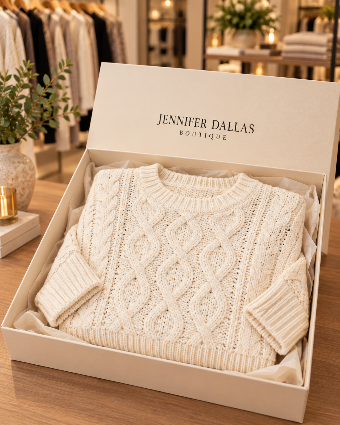 Valentina cream cable-knit sweater in Jennifer Dallas Boutique signature packaging