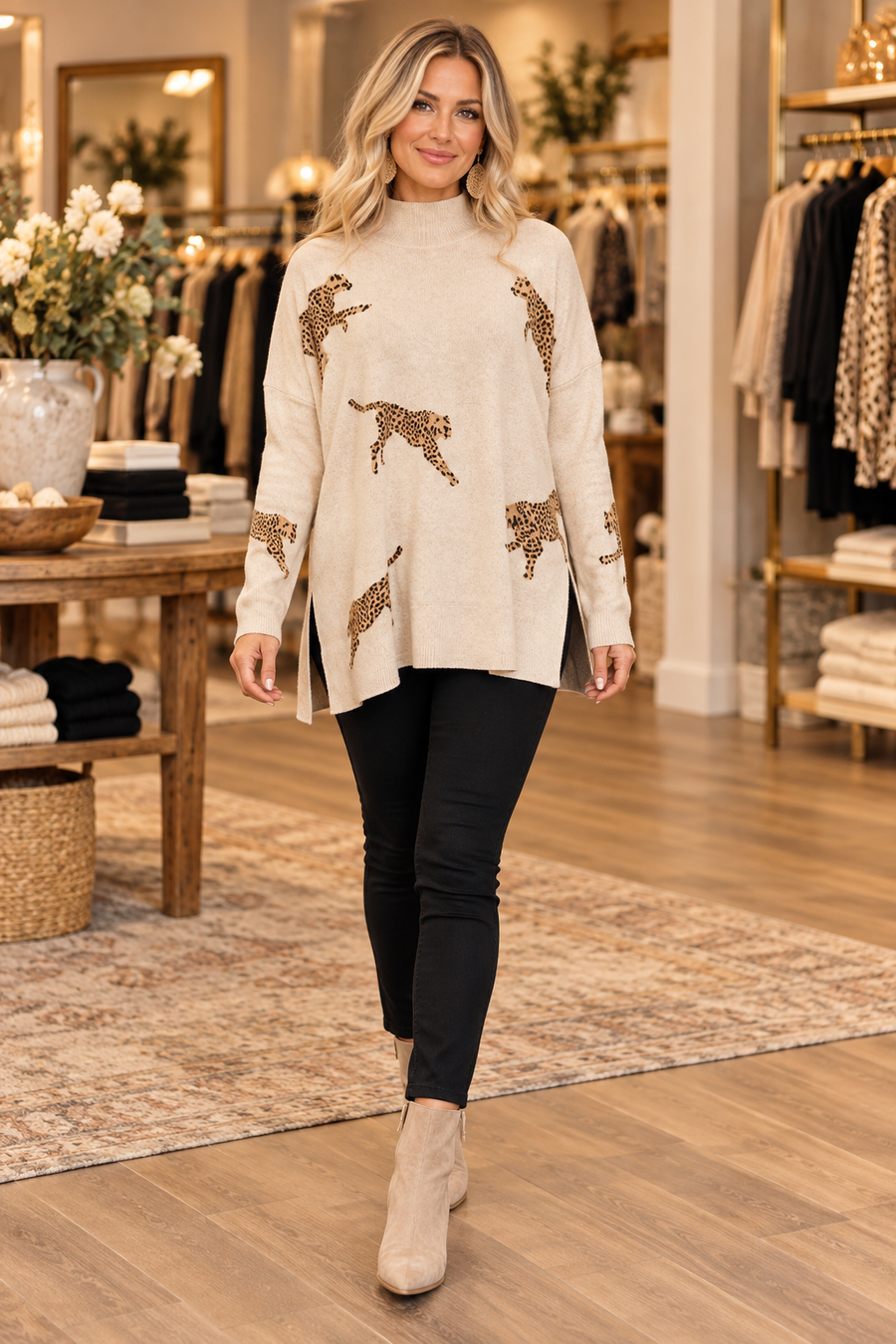 Vida Casual Vintage Tiger & Leopard Print Top — Cream boutique model