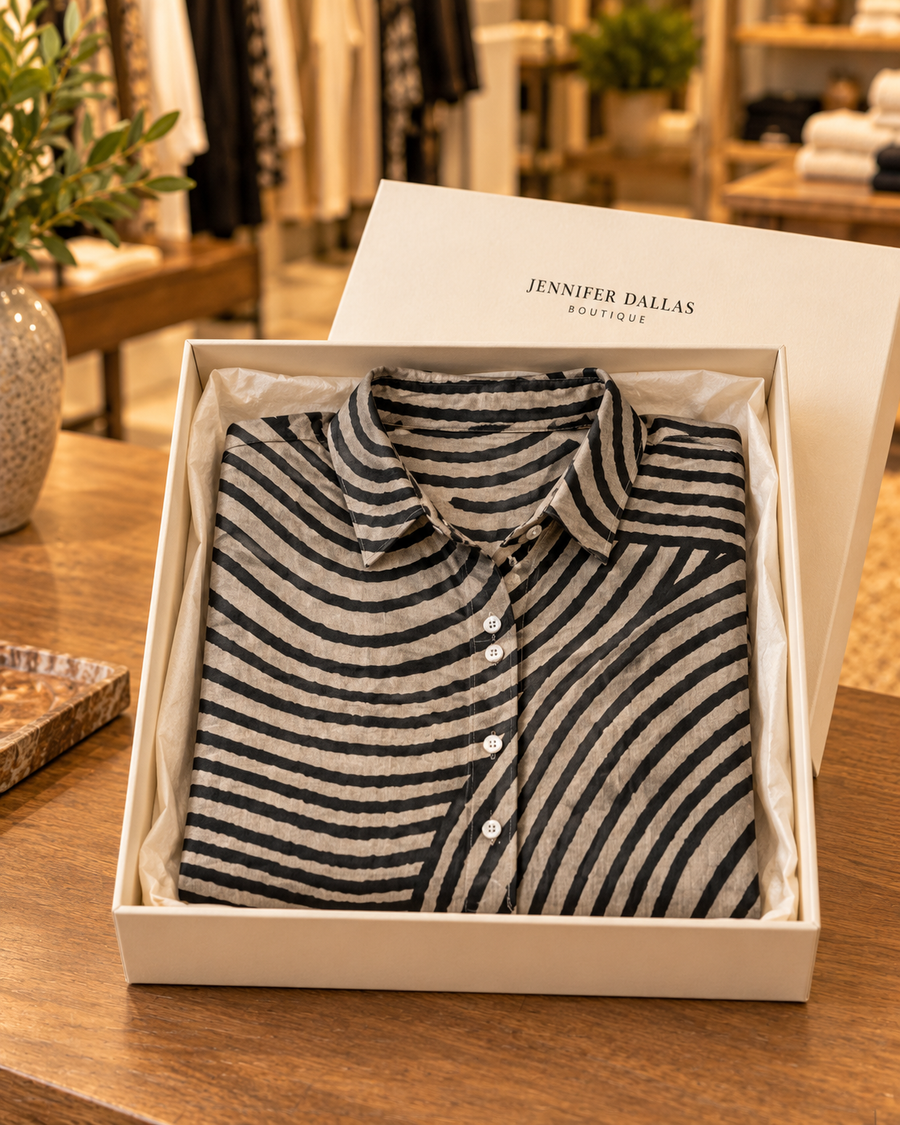 Yvaine geometric cotton-linen shirt in Jennifer Dallas Boutique signature packaging
