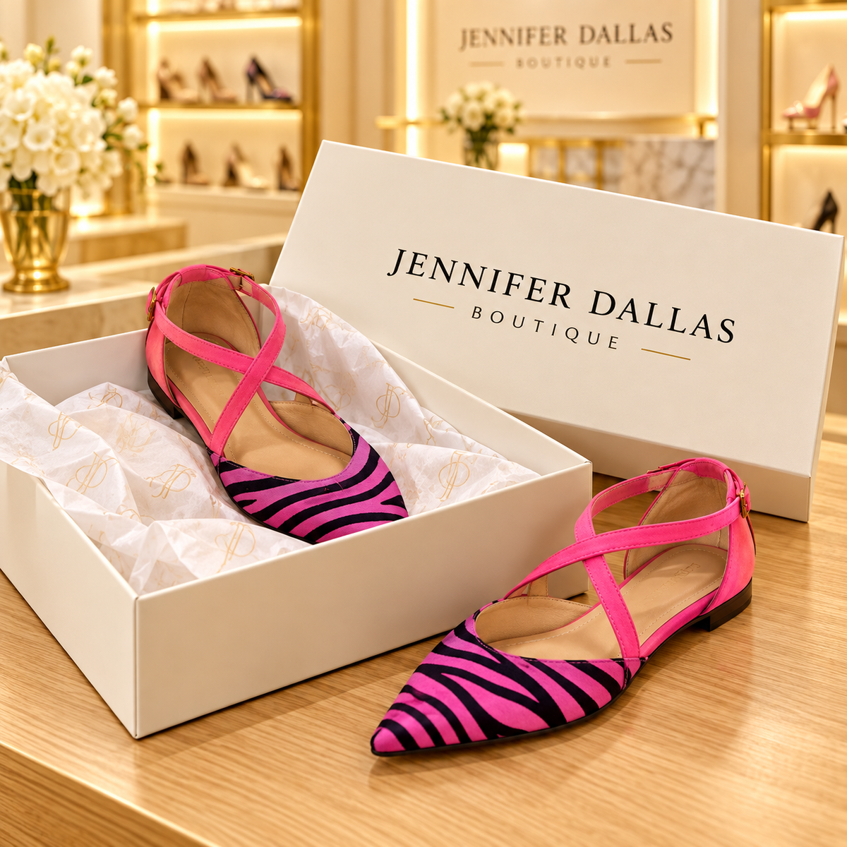Zebra Flats in Pink Power — Jennifer Dallas Boutique packaging